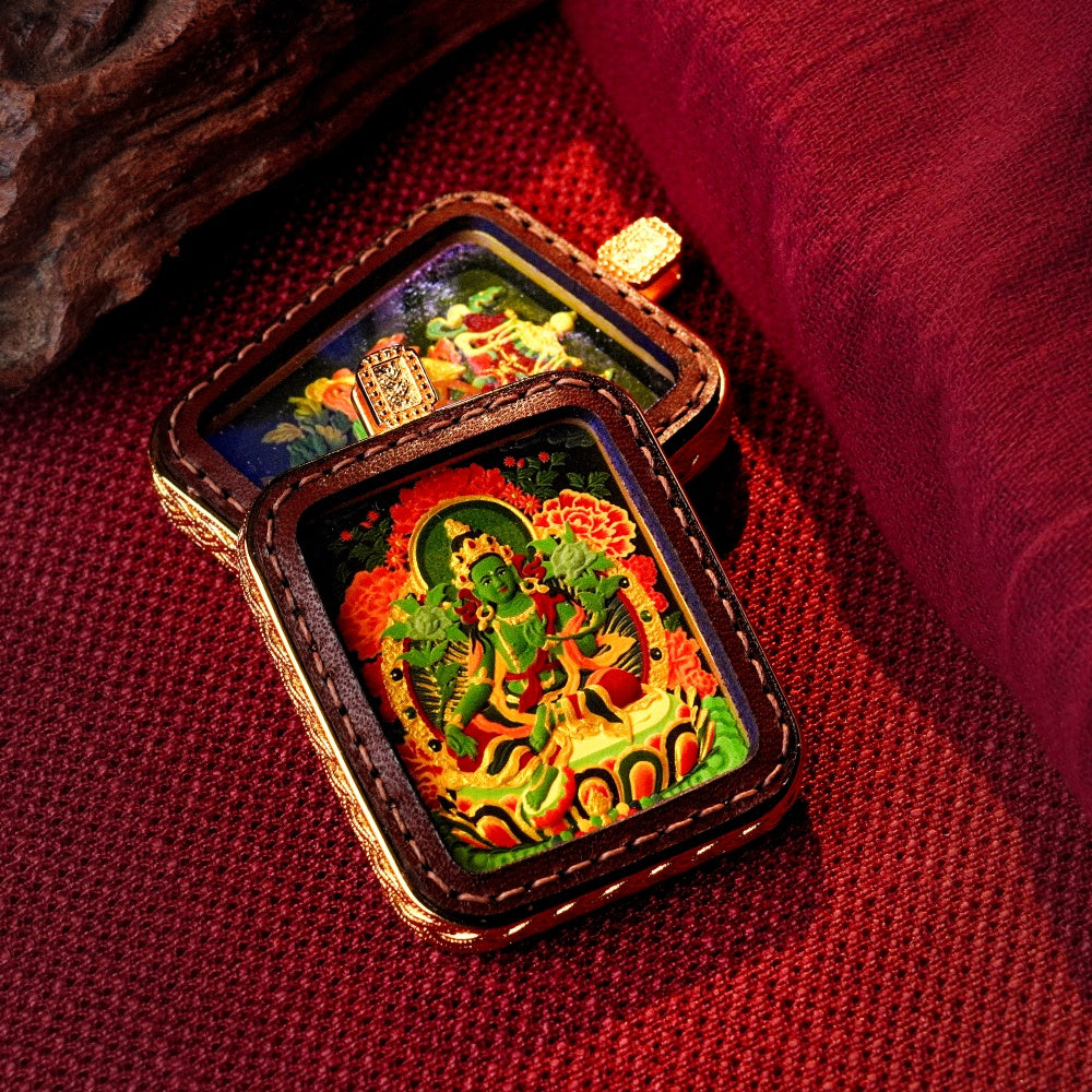 Green Tara: The Goddess of Swift Compassion | Reversible Hand-Painted Micro-Art in Artisan Leather