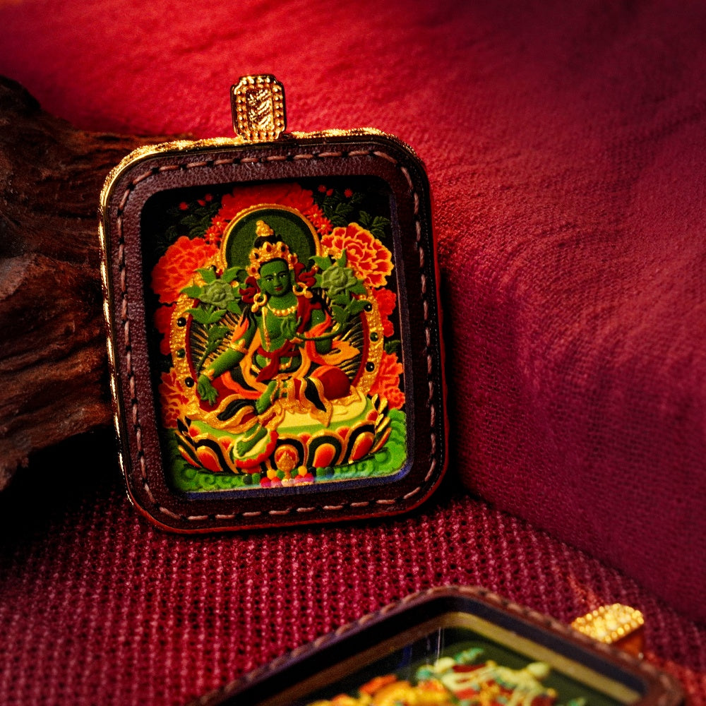 Green Tara: The Goddess of Swift Compassion | Reversible Hand-Painted Micro-Art in Artisan Leather