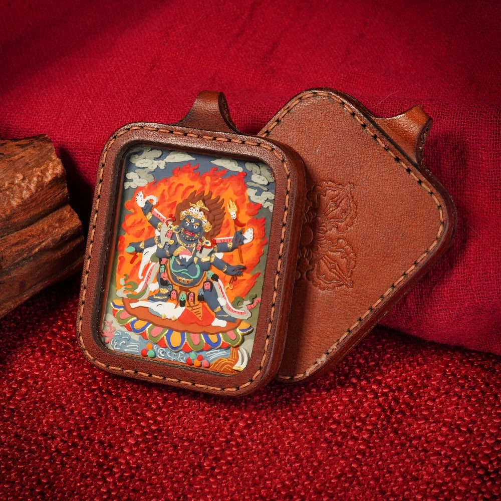 The Fierce Protector | Overcoming Inner Obstacles & Spiritual Breakthrough Leather-Wrapped Shield (Six-Armed Mahakala)