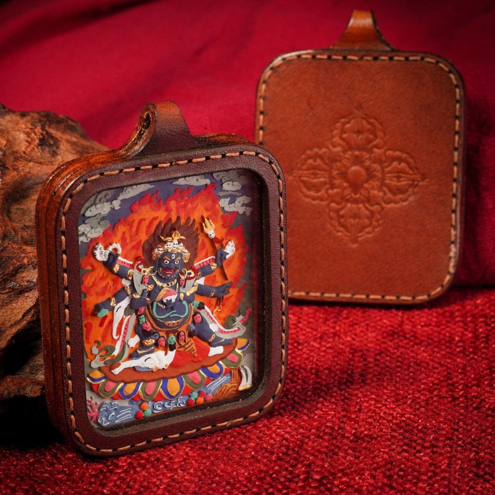 The Fierce Protector | Overcoming Inner Obstacles & Spiritual Breakthrough Leather-Wrapped Shield (Six-Armed Mahakala)