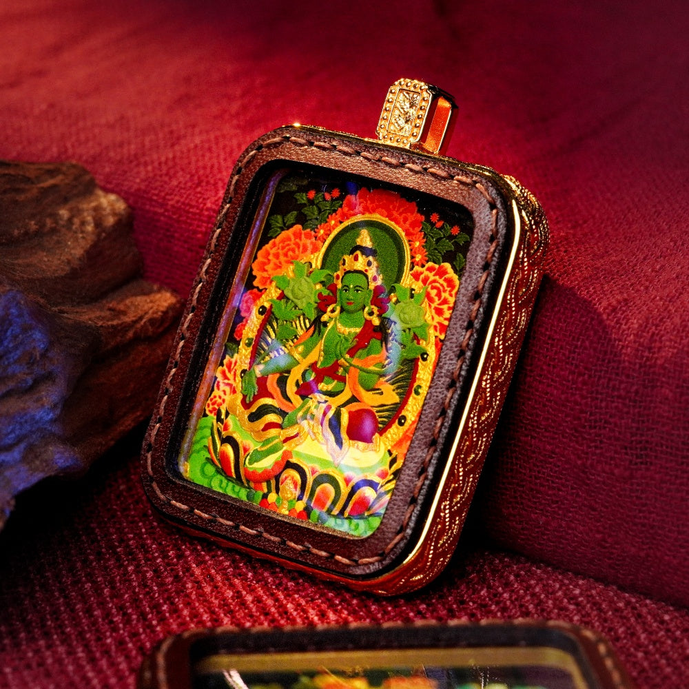 Green Tara: The Goddess of Swift Compassion | Reversible Hand-Painted Micro-Art in Artisan Leather
