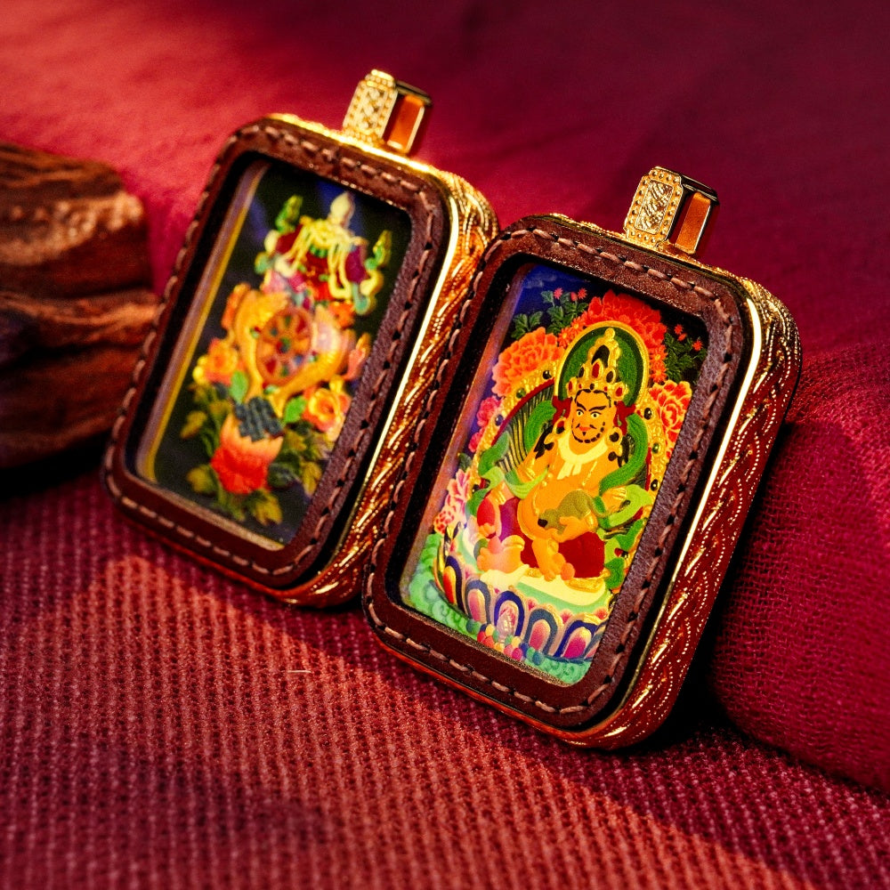 Yellow Jambhala: The Deity of Universal Abundance | Reversible Hand-Painted Micro-Art in Artisan Leather