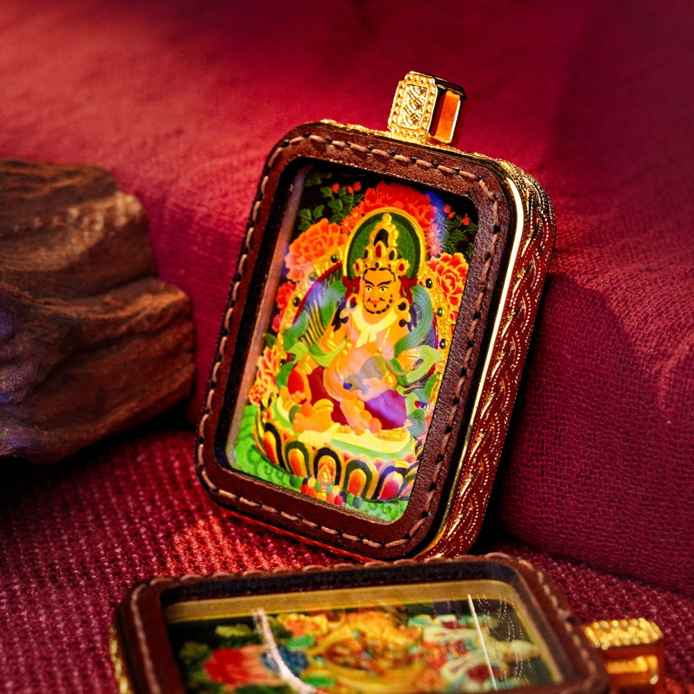 Yellow Jambhala: The Deity of Universal Abundance | Reversible Hand-Painted Micro-Art in Artisan Leather