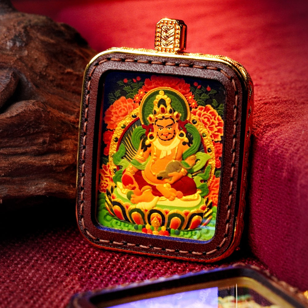 Yellow Jambhala: The Deity of Universal Abundance | Reversible Hand-Painted Micro-Art in Artisan Leather