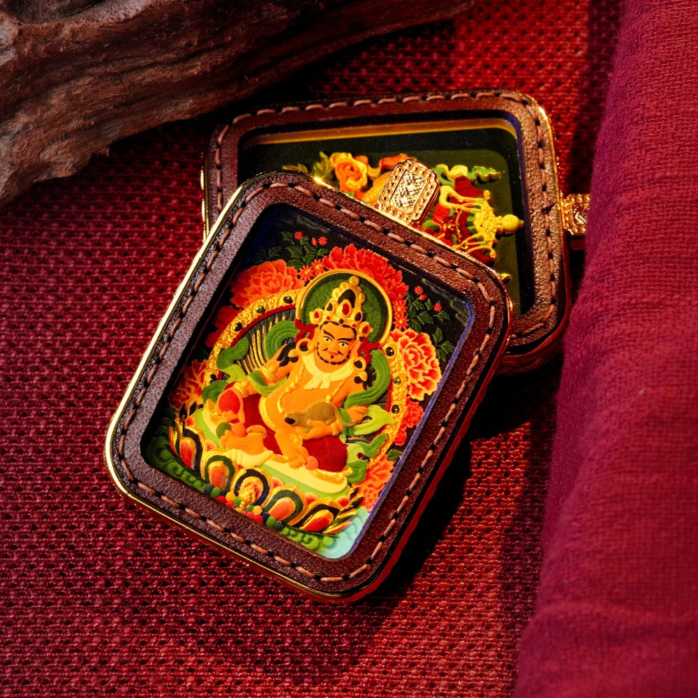 Yellow Jambhala: The Deity of Universal Abundance | Reversible Hand-Painted Micro-Art in Artisan Leather