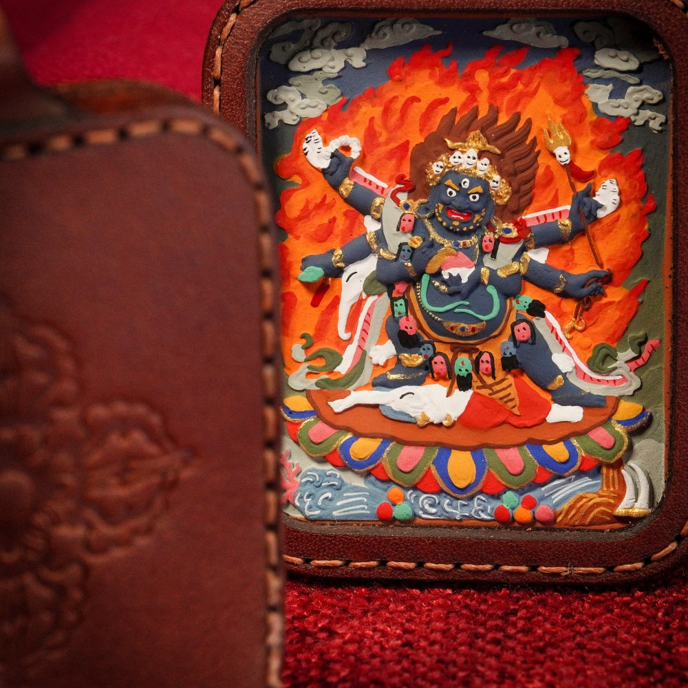 The Fierce Protector | Overcoming Inner Obstacles & Spiritual Breakthrough Leather-Wrapped Shield (Six-Armed Mahakala)