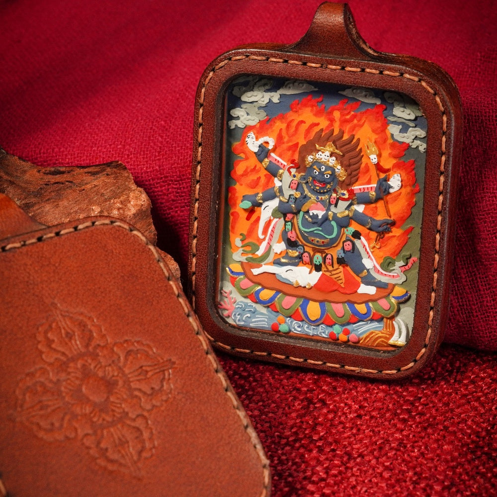 The Fierce Protector | Overcoming Inner Obstacles & Spiritual Breakthrough Leather-Wrapped Shield (Six-Armed Mahakala)