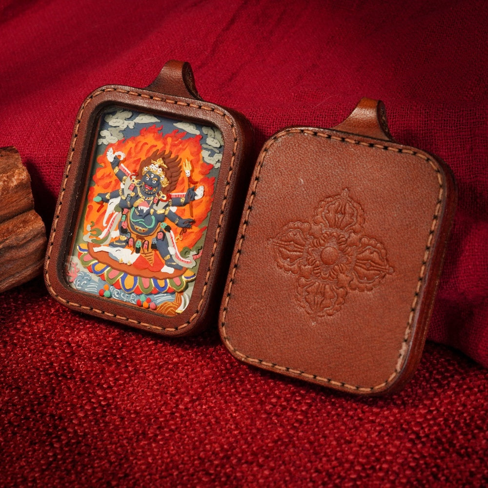 The Fierce Protector | Overcoming Inner Obstacles & Spiritual Breakthrough Leather-Wrapped Shield (Six-Armed Mahakala)